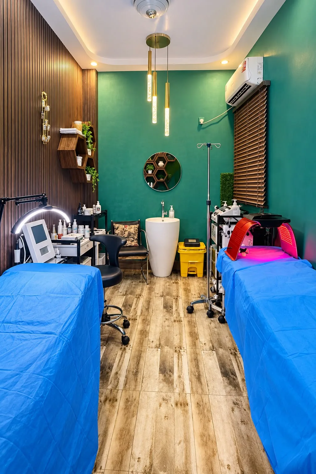 Facial treatment room with two couches and LED phototherapy