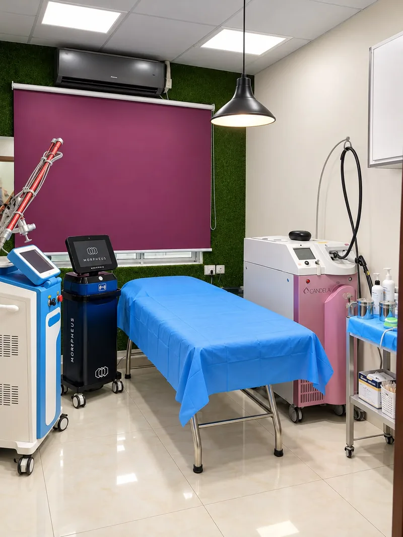 Laser and energy device room with a treatment couch and three devices