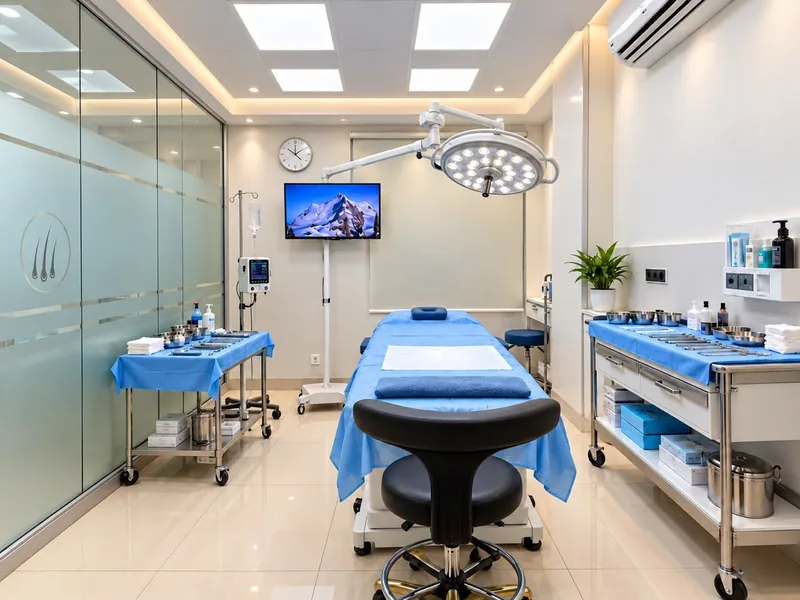 Hair transplant procedure room with surgical lighting and sterile instrument trolleys