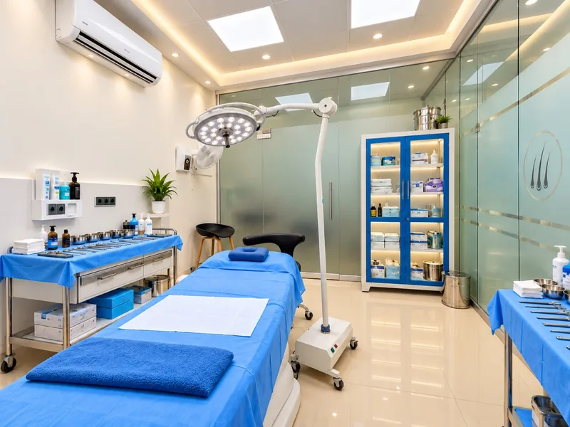 Hair transplant procedure room, showing the sterile supply cabinet and instrument layout