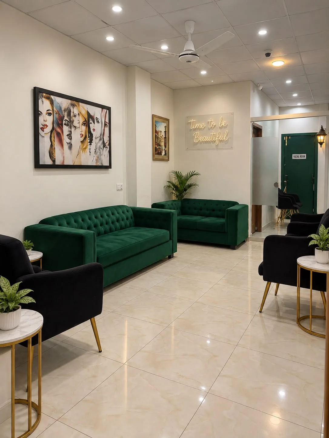 Patient waiting lounge with velvet seating